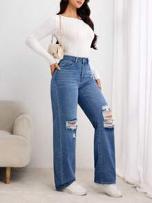SHEIN LUNE Quần Jeans Ống Thẳng Thường Ngày Cho Nữ - Màu xanh lam - Xem 6