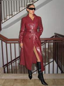 SHEIN ICON Women's Long Sleeve Turn-Down Collar Double-Breasted Long Jacket, Stylish Street Fashion, Autumn - Burgundy - View 3