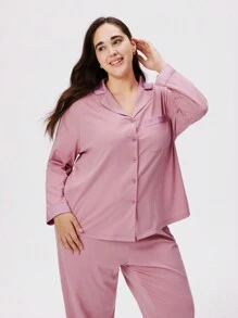 LUVLETTE Autumn And Winter Plus Size Classic Lapel Long Sleeve Trousers Pink Pajamas Suit Luxury Cotton & Imitation Silk Stitching Women's Lounge Sets Pink Lounge Sets Bridal Intimates Fall Pajamas