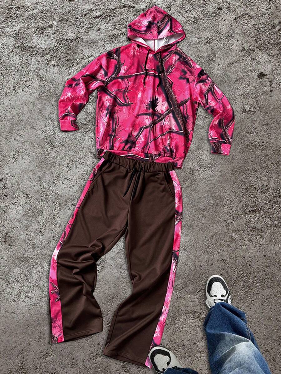 Manfinity EMRG Men's Casual Branch Print Hooded Sweatshirt And Sweatpants Set - Hot Pink - View 1