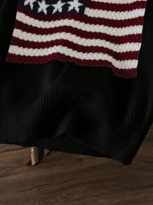 Oversized American Flag Pattern Drop Shoulder Sweater, Fashionable Casual Pullover For Tween Girls - Black - View 5