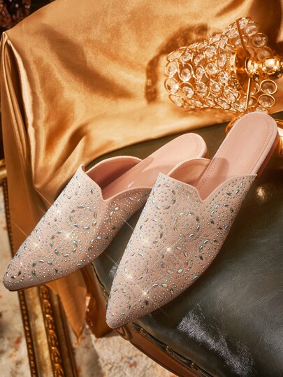 CUCCOO TILAWA Solid Color Pointed Toe Rhinestone Decor Elegant Flats For Christmas And New Year Holiday Vibe Fall And Winter Valentines