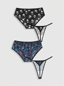 ROMWE 4pcs Set Gothic Skull & Floral Mesh Asymmetrical Triangle Panty & G-String - Multicolor - View 2