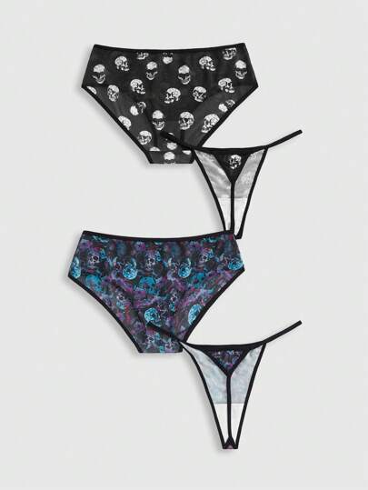 Goth 4pcs Set Gothic Skull & Floral Mesh Asymmetrical Triangle Panty & G-String