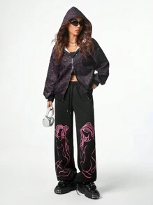 SHEIN EZwear Áo nỉ trùm đầu in họa tiết tay dài phía trước cho nữ - màu đen - Xem 4