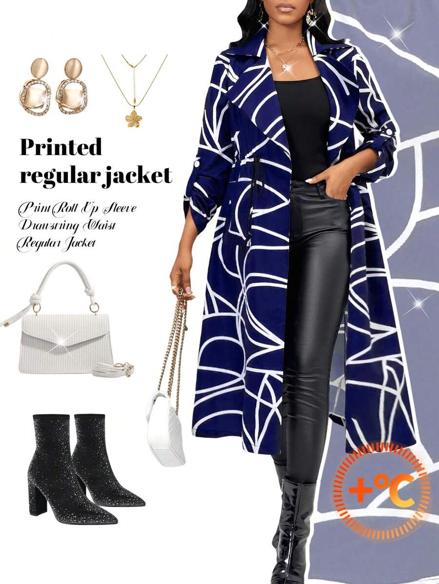 SHEIN Lady Giacca casual da donna con stampa blu, adatta per il pendolarismo - Blu Navy - Visualizzare 1