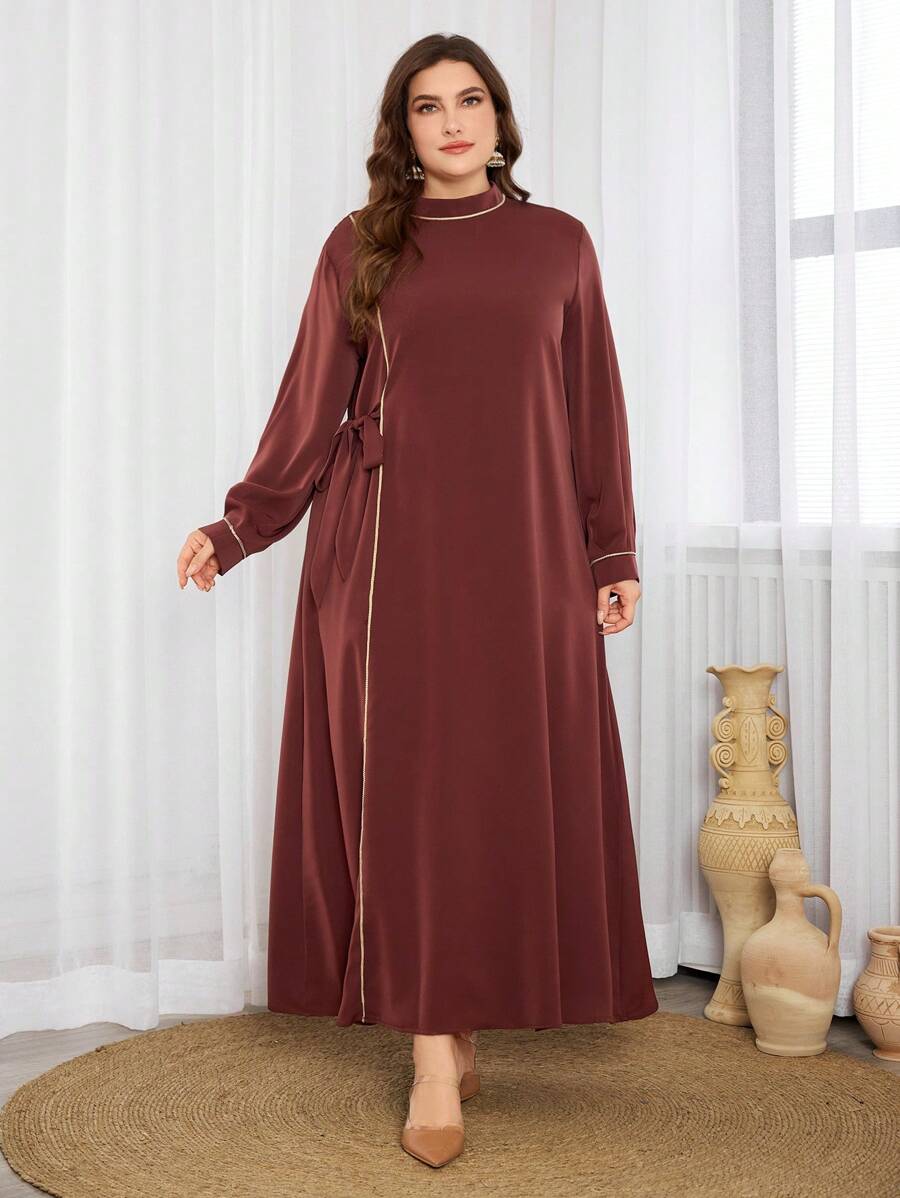 Al Najma Plus Size Women  Style Woven Belt Decor Single Tie Arabian Dress, Casual Modest Tunic Arabian Dresses, For Casual Daily - Coffee Brown - View 1