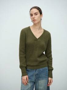 SHEIN LUNE Women V-Neck Ribbed Knitted Sweater, Casual Daily Wear, Autumn/Winter Fall - Army Green - View 6