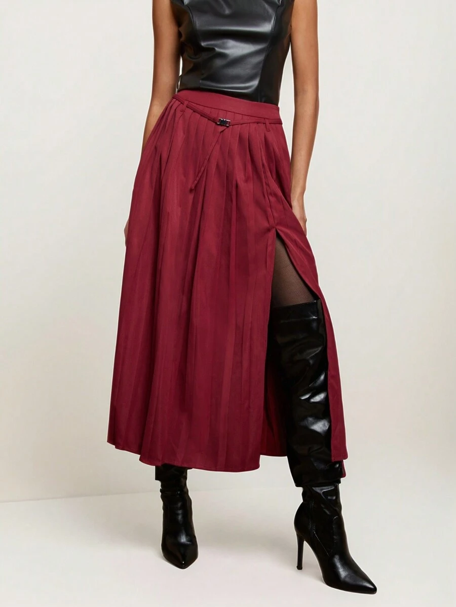 COSMINA 女士纯色开衩下摆休闲百搭半身裙 - 酒紅色 - 查看 1