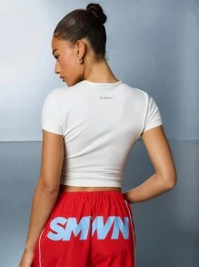 SUMWON WOMEN Hot Sauce Graphic Fitted Crop Top Cotton Jersey Short Sleeve Casual Summer Festival Streetwear Statement T Shirt Contemporary Fashion Basic - White - View 2