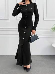 SHEIN Tall Long Sleeve Button Detailed Midi Dress - Black - View 6