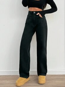RueChic SOLID HIGH WAIST STRAIGHT DENIM JEANS - Black - View 3