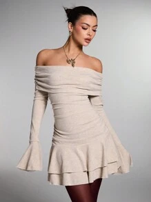 SHEIN BAE Women's Autumn Elegant Solid Color Off Shoulder Flare Sleeve Ruffle Hem Dress - Apricot - View 6