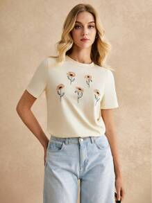 Poéselle T-shirts pour femmes Broderie Casual Floral