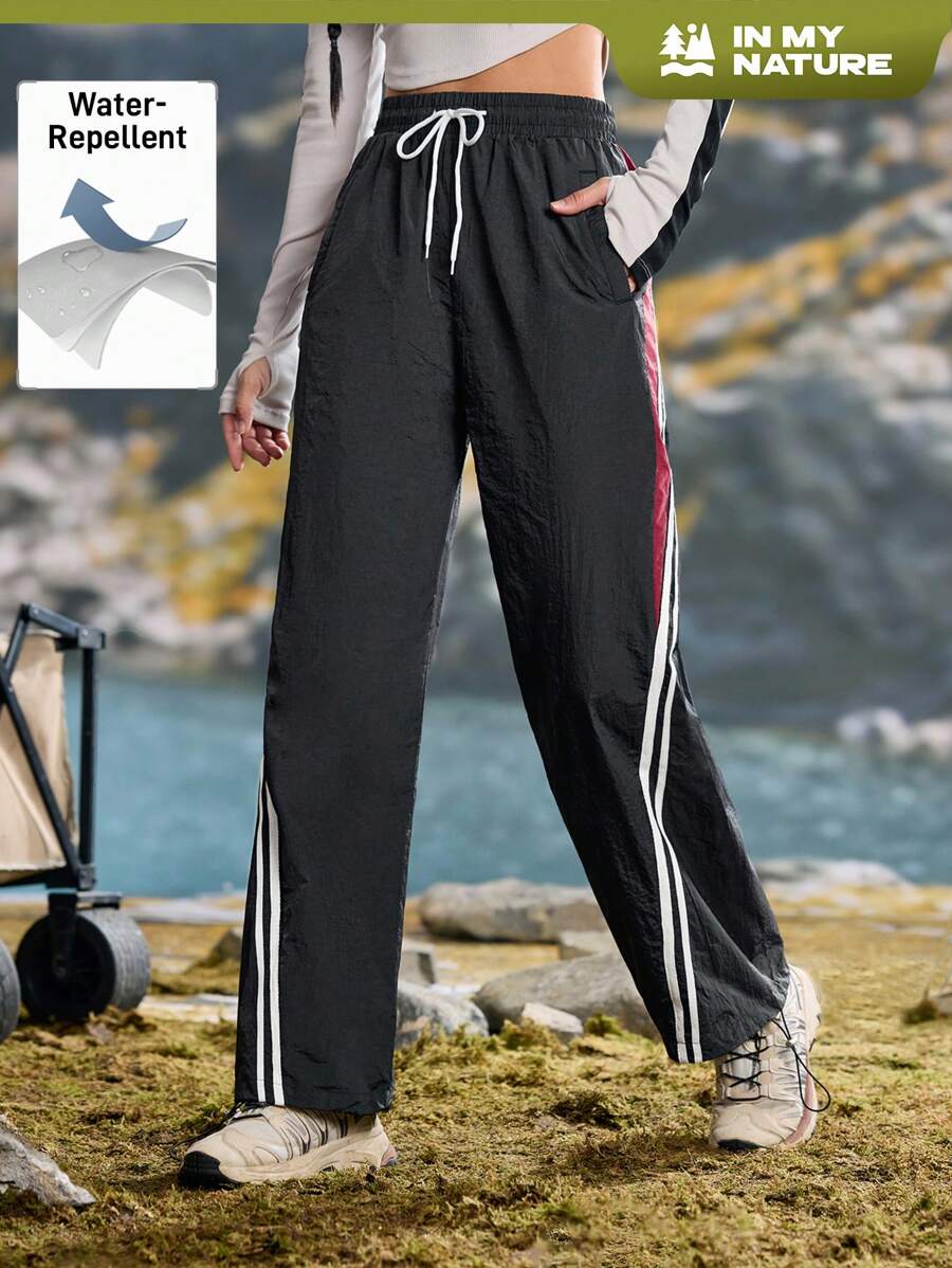 In My Nature Women's Sports Casual Striped Patchwork Drawstring Waist Outdoor Sweatpants Winter Pants - Black - View 1