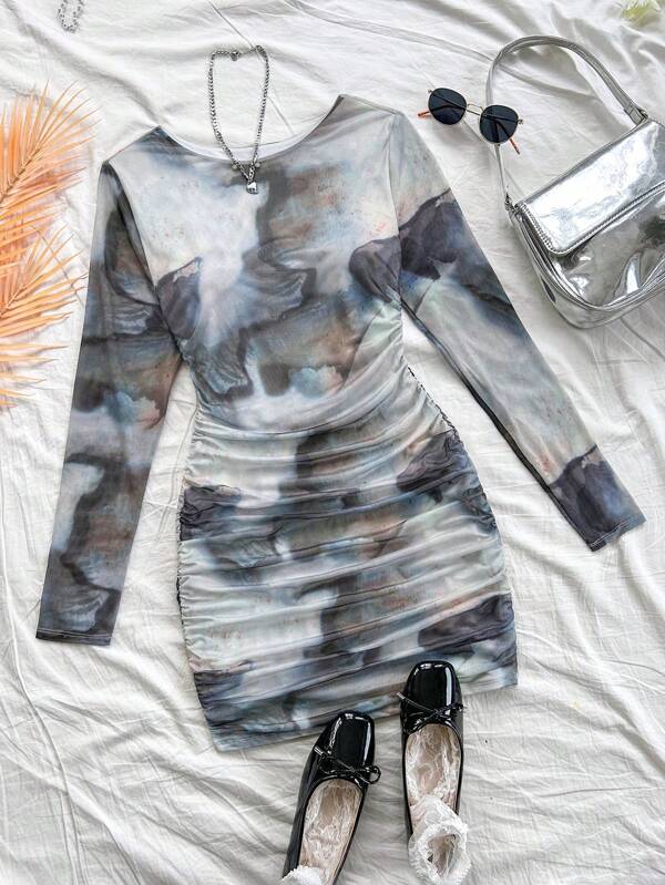 Soleia Women's Vacation Knitted Marble Wave Texture Print Round Neck Long Sleeve Fitted Waist Bodycon Mini Dress