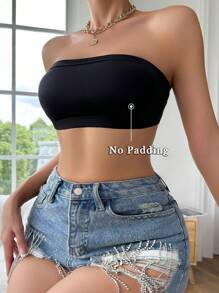 Women's Casual Plain Black Backless Knitted Fabric Tube Top No Padding - Black - View 1