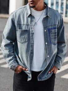 Manfinity Homme Plus Size Men's Casual Denim Shirt With Slogan Print, Long Sleeve Pocket Design, Autumn - Blue - View 7