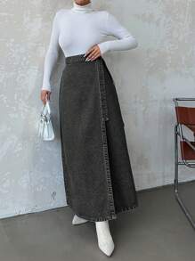 SHEIN Cottnline تنورة جينز نسائية قصيرة بتصميم بسيط مع أربطة رباط، مناسبة للاستخدام اليومي الكاجوال - رمادي غامق - مشاهدة 4