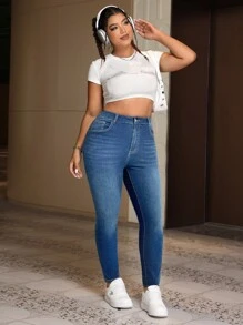 SHEIN ICON Plus Size Front Button Pocket Simple Denim Jeans, Casual Everyday Wear