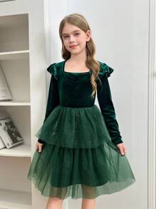 SHEIN Vestido elegante y elegante de fiesta para niñas preadolescentes, con cuello alto, panel de terciopelo con volantes y malla plateada, adecuado para fiestas de Navidad, graduación y bailes de promoción