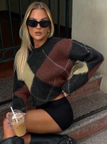 Forever 21 Women Casual Colorblock Diamond Pattern Cropped Sweater, Autumn/Winter - Multicolor - View 5