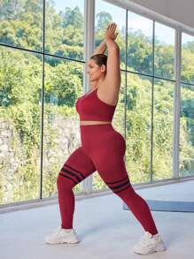 Easithlete Damen Große Größen Set aus einfarbigem Trägertop und gestreifter Leggings mit hoher Taille, nahtloser Trainingsanzug für den täglichen Workout im Fitnessstudio - Verschiedenfarbig - Übersicht 5