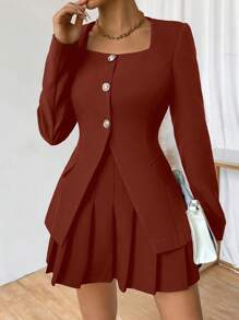 Chiquease 女士方领长袖单排扣优雅西装外套，秋季 - 棕色 - 查看 4