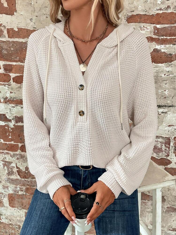 Hoodie mit halber Knopfleiste, Raglanärmeln und Kordelzug, Langarm Oberteile für Abschluss, Schulanfang, Abschluss, Lehreroutfits für Frauen, Schulanfang im Herbst/Winter
