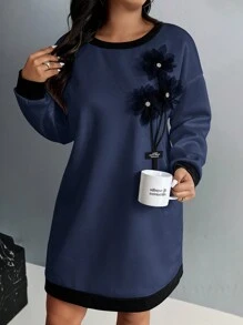 Calvaya Plus Size Women Casual 3D Floral Decor Drop Shoulder Plus Size Sweatshirt Dress - Navy Blue - View 1