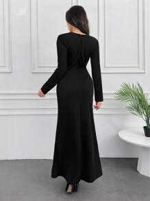 SHEIN Tall Long Sleeve Button Detailed Midi Dress - Black - View 2