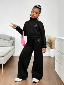 SHEIN Conjunto de sudadera con capucha con bordado de letras y pantalones casuales para niña preadolescente, 2 piezas - Negro - Ver 6