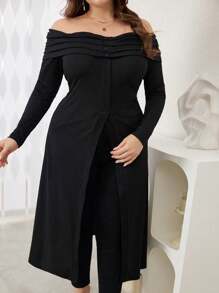 Modelyn 1pc Women Plus Size Off-Shoulder Ruched Slit Hem Elegant Extra Long T-Shirt - Black - View 3