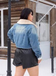 SHEIN EZwear Veste en jean vintage lavée en coton non stretch style Y2K pour femmes grandes tailles, veste en jean thermique avec col en peluche pour femmes pour l'hiver, Noël, Thanksgiving