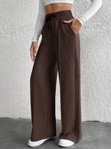 EURMUSE Petite Drawstring Waist Wide Leg Pants - Brown - View 5