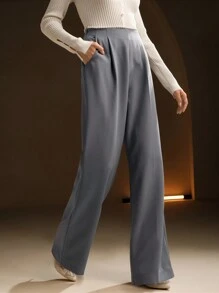 Anewsta Pantalones de traje de mujer con adorno de perla en la cintura - Gris - Ver 3