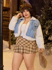 SHEIN EZwear 大码女式拼布羊毛饰边长袖休闲牛仔夹克，圣诞服装女式感恩节女装，秋季 - 藍色 - 查看 3