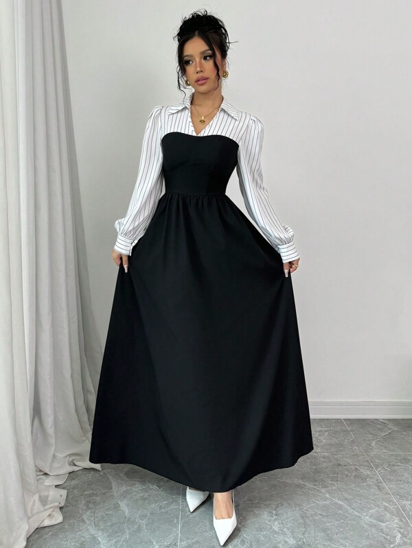 Elenzga Black & White Striped Splicing Long Dress, Elegant Design For Autumn Maxi Women Outfit