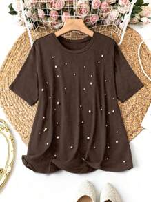 EMERY ROSE 大码圆领仿珍珠装饰休闲百搭短袖夏季 T 恤 - 棕色 - 查看 1