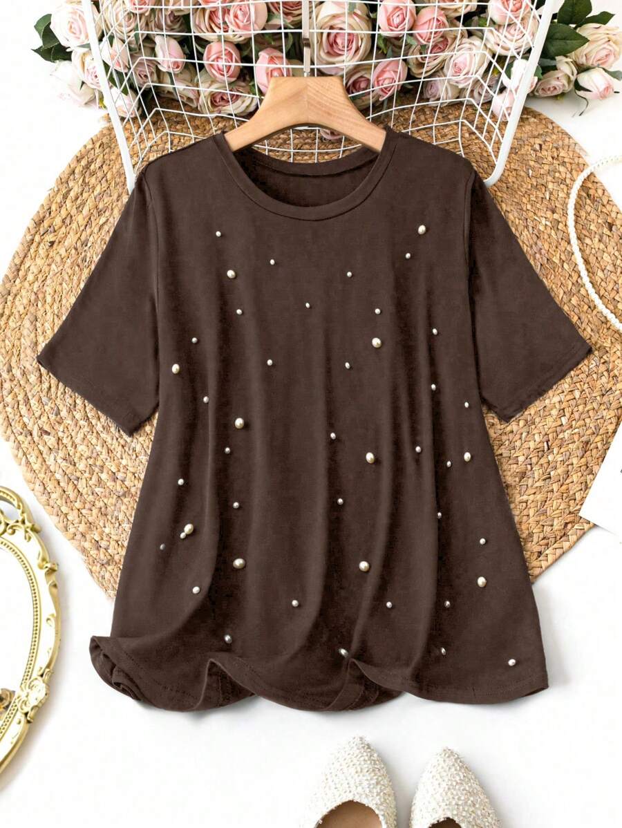 EMERY ROSE 大码圆领仿珍珠装饰休闲百搭短袖夏季 T 恤 - 棕色 - 查看 1