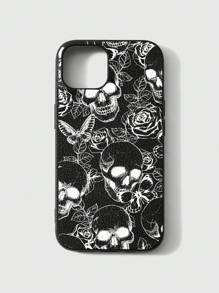ROMWE Goth 1 Stück Handyhülle mit dunkler Rose und Glitzer Totenkopf-Motiv