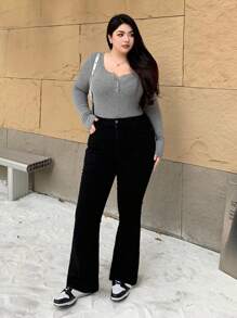 Dazy Plus Plus Size Women Solid Color Pockets Fitted Stretchy Flare Leg Long Jeans - Black - View 7