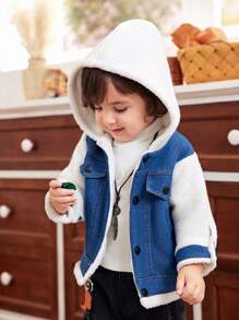 Baby Boy Contrast Color Long Sleeve Denim Patchwork Plus Fleece Thick Hooded Jacket, Clothes Autumn/Winter - Multicolor - View 5