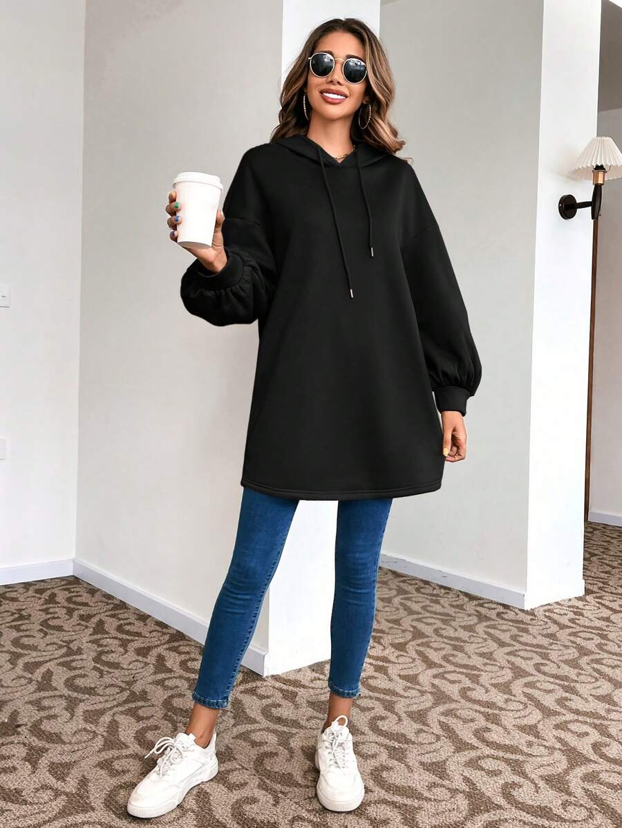 SHEIN Frenchy 1 Áo nỉ trùm đầu tay dài trơn tối giản cho nữ, mặc thường ngày - màu đen - Xem 1