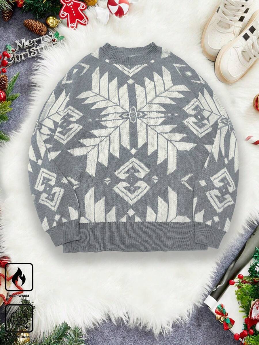 Manfinity Homme Men's Grey Autumn Casual Matching Family Geometric Pattern Drop Shoulder Loose Knit Long Sleeve Graphic Color Block Chunky Sweater,For Christmas Party - Grey - View 1