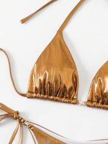 2pcs/Set Women Summer Metallic Triangle Bikini Top And Side Tie Bottoms Swimwear Set For Beach - Rust Brown - View 4