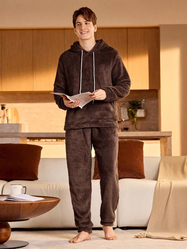 Manfinity Underwear&Sleepwear Basics 2pcs Men Plush Drawstring Hoodie And Pants Home Loungewear Set