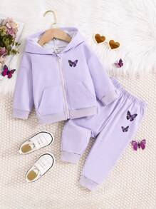 2 pièces/Set Filles bébé sweat-shirt à capuche imprimé papillon casual et pantalon de survêtement, confortable et polyvalent pour le printemps, l'automne et l'hiver - Parme - Voir 2