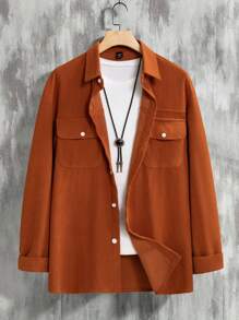 Manfinity Homme Men's Solid Color Front Button Pocket Long Sleeve Shacket
