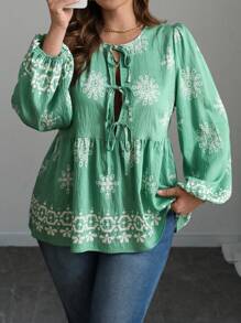 SHEIN LUNE Blusa holgada con manga farol y nudo al frente con estampado floral para mujer talla grande, otoño